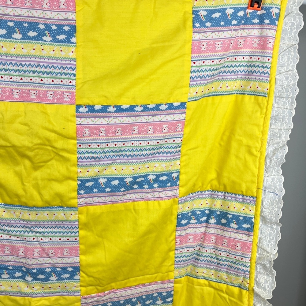 Vintage Handmade Teddy Bear Baby Quilt‎ Comforter Pastel Unisex 40x48